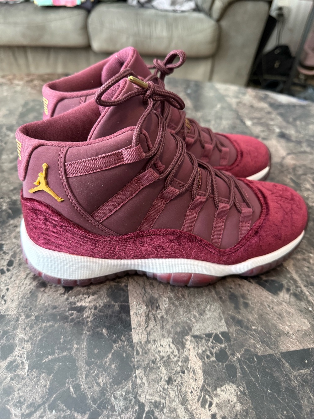 Jordan Kids Burgundy Velvet High-Top Sneakers with Gold Jumpman